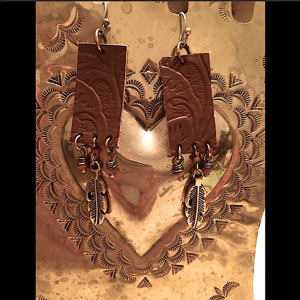 BROWN LEATHER EARRINGS FEATHERS WOOD BEADS NEW